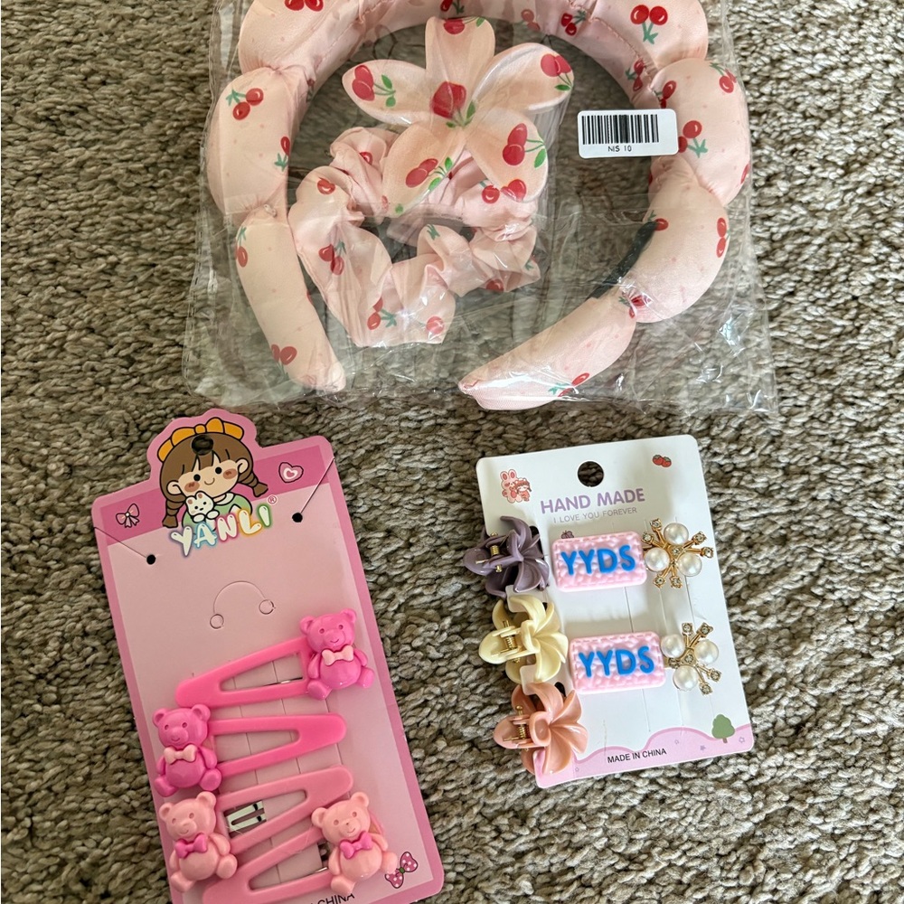 Handmade Pink Cherry Headband & Hair Clips Set for Kids